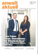 Magazincover des Magazins Anwalt Aktuell (Ausgabe Juni 2021), am Cover abgebildet sind Mag. Johannes Sykora und Mag. Andrea Friedl